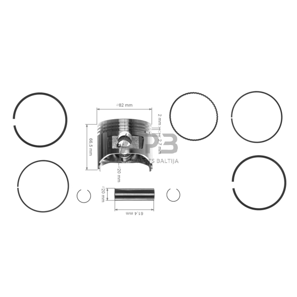 Stūmoklio komplektas Honda GX340, išmatavimai cilindro mm 82, kaištis mm: 20 x 61,4 2 Stūmoklio komplektas Honda GX340, išmatavimai cilindro mm 82, kaištis mm: 20 x 61,4 2