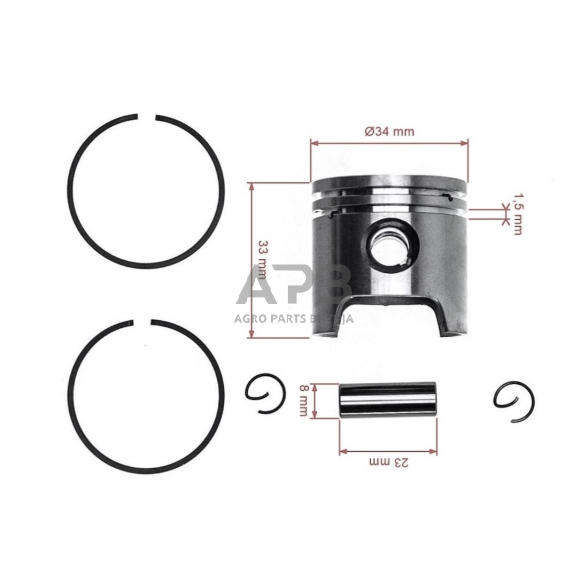 Stūmoklio komplektas krūmapjovėms STIHL FS38, FS45, FS45C, FS45L, FS46, FS46C, FS55, FS55C, FS55R, FS55RC, FS55T, FC55, MM55, MM55C, BG45, BG46, BG55, BG65, BG85, BR45C SH55, SH85, HL45, BT45 34 mm 4140 030 2000, 41400302000 2