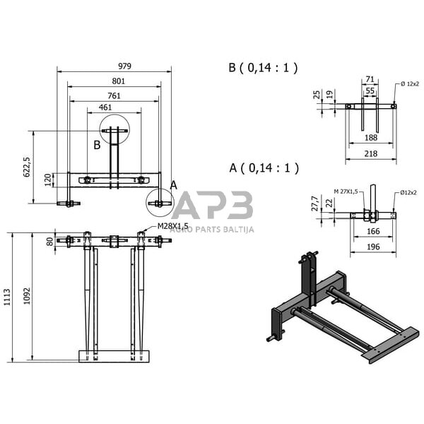 Traktoriaus prikabinimo trikampis 980,00 mm FT2092 1
