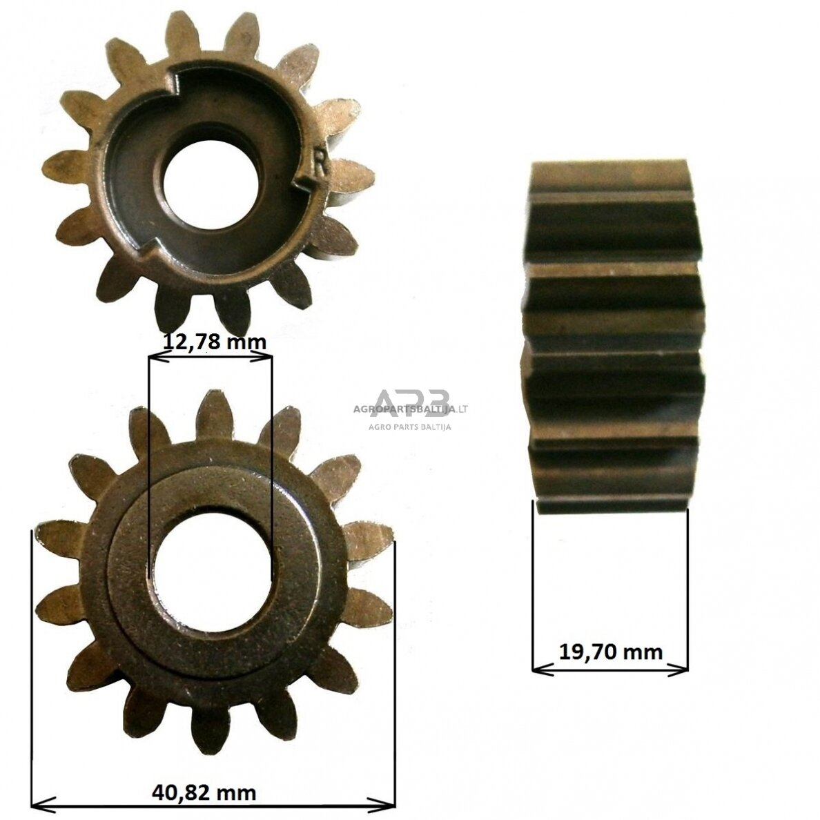 Vejapjovės ratuko dantratis dešinės pusės. 14 dantų. Išmatavimai mm 12,78 x 40,82 x 19,70 1