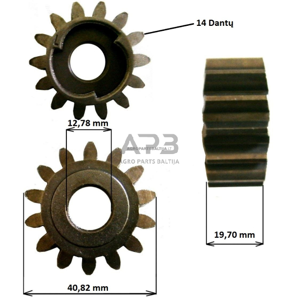 Vejapjovės ratuko dantratis kairės pusės. 14 dantų. Išmatavimai mm 12,78 x 40,82 x 19,70 1 Vejapjovės ratuko dantratis kairės pusės. 14 dantų. Išmatavimai mm 12,78 x 40,82 x 19,70 1